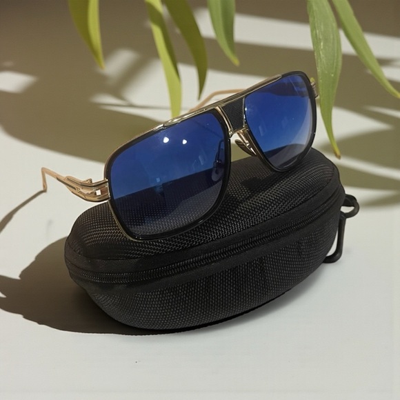 Street Knitted Men's Oversized Blue Lens Black & Gold Frame Sunglasses & Case - Picture 2 of 10